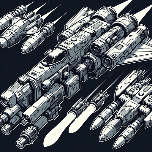 Space shooter with high weapons like missile and cannon.
Single Game Texture.  In-Game asset.  2d.  Blank background.  High contrast.  No shadows. 3d