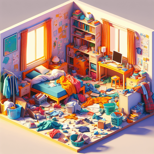 dağınık bir yatak odası, odanın içinden görünüm 3d renkli, çizgi film