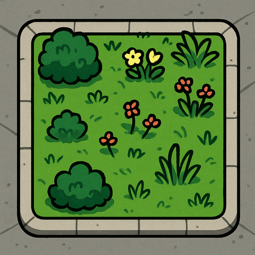 Street block, garden with concrete walkway on the border.
In-Game asset.  2d.  High contrast.  No shadows
