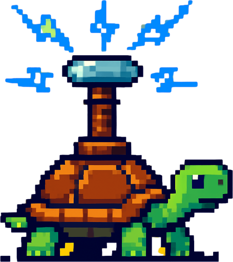 a turtle with a tesla tower on her shell, pixelart.
In-Game asset.  2d.  High contrast.  No shadows