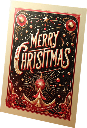 photorealistic red and gold standing and opened postcard with Merry Christmas text
