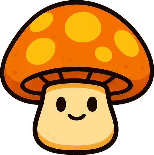 Sombrero Anaranjado/Amarillo: Tiene un sombrero grande y redondo de color anaranjado o amarillo brillante, con manchas de un tono más oscuro o marrón-anaranjado. Los puntos grandes y luminosos en su sombrero le dan un aspecto amigable y sugieren su función solar.

Tallo Beige/Crema: Su tallo es corto y regordete, de un color beige o crema claro.

Cara Amigable: Posee dos ojos pequeños y redondos, y una pequeña sonrisa, dándole una expresión dulce y pasiva..
In-Game asset.  2d.  High contrast.  No shadows