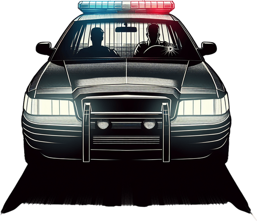 front of a police car with a silouhete of a driver.
video game style