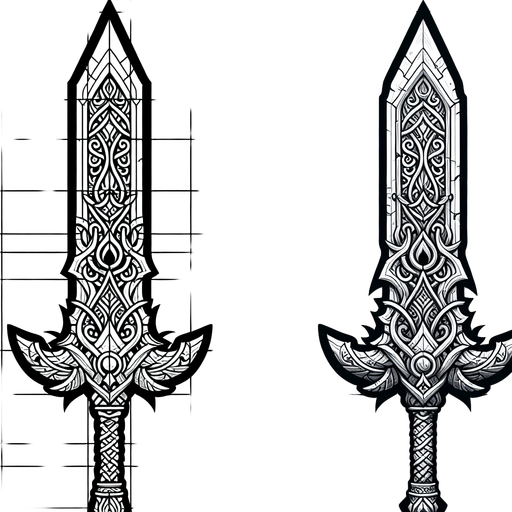 Sword.
Single Game Texture.  In-Game asset.  2d.  Blank background.  High contrast.  No shadows. 2d
