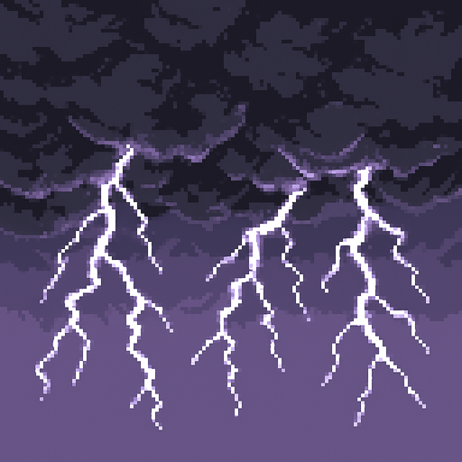 Storm clouds background, dark gray clouds, lightning bolts, dramatic sky, purple-gray gradient, 2D pixel art.
In-Game asset.  2d.  High contrast.  No shadows