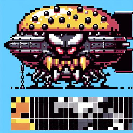an evil burger airship.
Single Game Texture. In-Game asset. 2d. Blank background. High contrast. No shadows. 8bit
