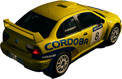 Photorealistic Seat Cordoba Rallycar in nightlight, drone topview from back and 45 degrees angle in top right corner