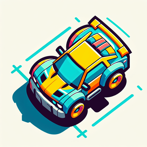 car top view design like in children's cartoons image.
Single Game Texture. In-Game asset. 2d. Blank background. High contrast. No shadows.