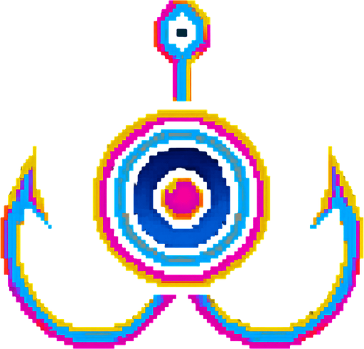 A double sided fishing hook with a small speaker in the center. 80s arcade machine graphics..
In-Game asset.  2d.  High contrast.  No shadows
