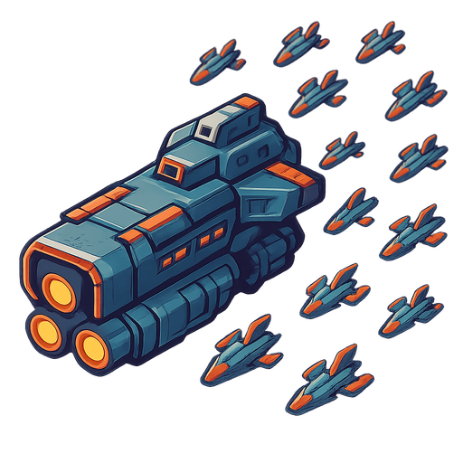 A spaceship with engines at the back and lots of mini spaceships next to the big one.
Single Game Texture.  In-Game asset.  2d.  Blank background.  High contrast.  No shadows