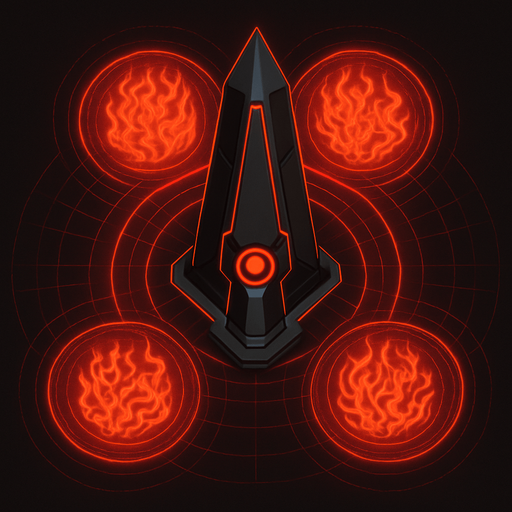 top-down view, high-tech energy obelisk, emits area energy pulses, holographic fire shield patterns, black and red glowing accents.
In-Game asset.  2d.  High contrast.  No shadows
