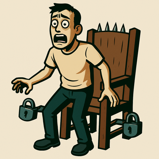 same pic of the chair with tied and 2 locks are on the sides of is woods they are opened and same person but the person is standed up and it's free from tiedes and shocked