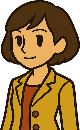 18yo girl with short brown hair professor Layton game style.
In-Game asset.  2d.  High contrast.  No shadows