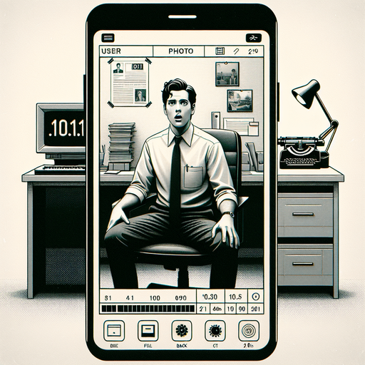 A clean mobile app interface designed to display photos from a user’s phone, with a retro aesthetic for the displayed image. The screen showcases a single black-and-white photo, styled to mimic a grainy 90s film capture. The photo shows a young man in his 30s, sitting in an office chair and looking surprised at the camera as if caught off guard.

The office environment is cluttered with retro elements like a CRT monitor, stacks of papers, a desk lamp, and a vintage rotary phone. The monitor subtly displays binary code '1011,' hidden among other on-screen data. The photo frame has faint edges, resembling a classic film border, with subtle scratches and grain to enhance the retro feel. The app interface itself is minimal, with a back arrow at the top-left and a small menu icon at the top-right, keeping the focus on the photograph..
Single Game Texture. In-Game asset. 2d. Blank background. High contrast. No shadows.