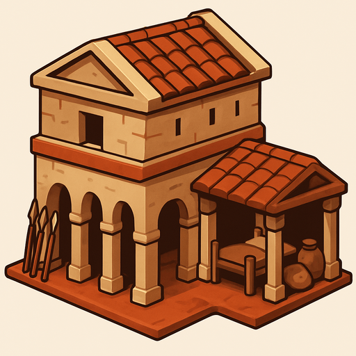 Anciet world barracks, no words.
In-Game asset.  2d.  High contrast.  No shadows
