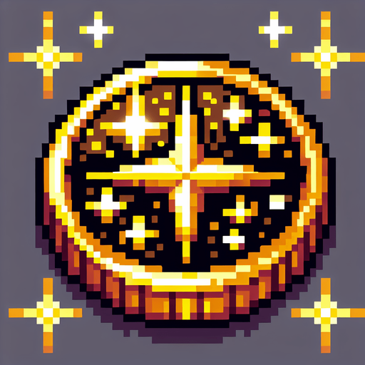 Золотая монетка.
Single Game Texture.  In-Game asset.  2d.  Blank background.  High contrast.  No shadows. pixel art