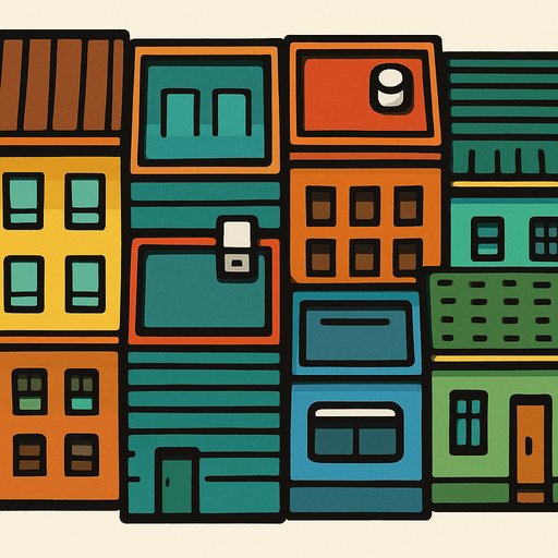 buildings seen from the side of the road from a bird's eye view, but do not draw the road, the buildings should be vertical and unlimited from above.
In-Game asset.  2d.  High contrast.  No shadows