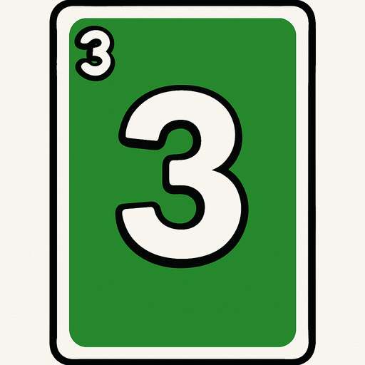 Rectangular card numbered 3, with a white border around it and a green background..
In-Game asset.  2d.  High contrast.  No shadows