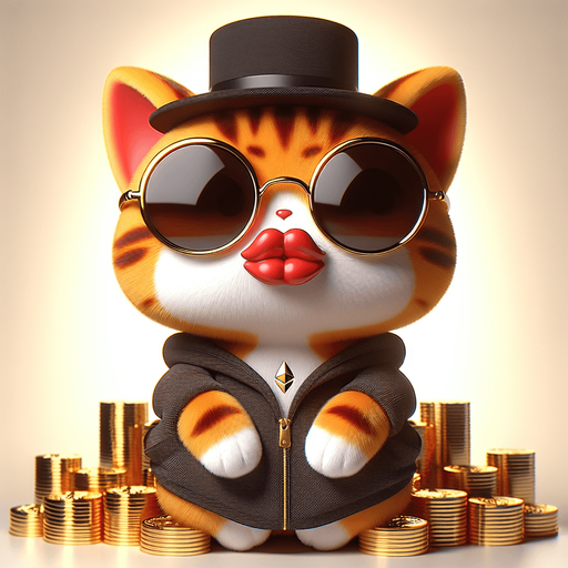 The character in the image now embodies the essence of wealth and sophistication, portrayed as a cartoon-style orange tabby cat with eye-catching stripes. Its round face boasts oversized, round, dark opaque sunglasses, and features a prominent, exaggerated red pout shaped like a duck's bill. Although the cat's body appears smaller in comparison to its head, contributing to its adorable, chubby look, it's the epitome of affluence. Adorning its head is a classy black top hat, adding an extra layer of sophistication. Dressed in a simple, light-colored hoodie with a drawstring, the cat is perched majestically atop a lavish pile of golden Ethereum tokens, showcasing its prosperity in the digital currency sphere. With its paws displayed in front, the cat sits in a relaxed pose, exuding a sense of serene command over its wealth. This plush adaptation of the character, blending playfulness with a motif of riches and luxury, serves as an ideal figure for narratives centered on financial success, making it a perfect mascot for financial education platforms or as a captivating character in children's stories about the value of money and investment..
Single Game Texture. In-Game asset. 2d. Blank background. High contrast. No shadows.