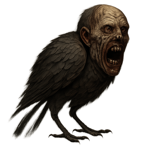 a bird with a human face but make it horrifying and real.
In-Game asset.  2d.  High contrast.  No shadows