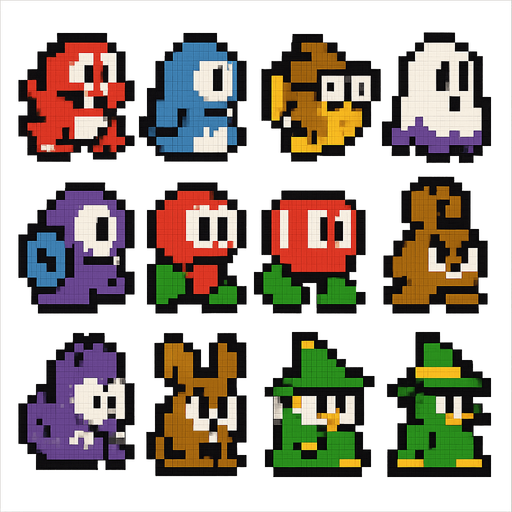 A spritesheet of enemies from the retro arcade pixel game Bubble Bobble.
In-Game asset.  2d.  High contrast.  No shadows