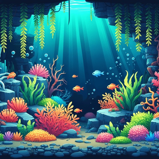 undersea olants rocks etc but no fish.
Single Game Texture. In-Game asset. 2d. Blank background. High contrast. No shadows.
