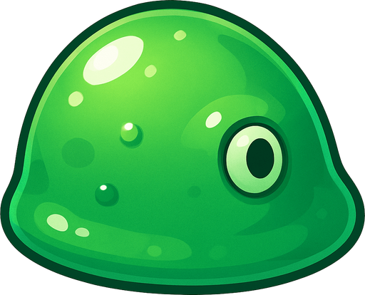 A single, isolated, highly detailed top-down isometric game asset of a Basic Slime. It is a slightly translucent, vibrant green, blue, or purple gelatinous blob, perfectly suited for a static sprite. Its surface should appear wet and glistening, with subtle internal bubbles or a single, simple, unblinking eye embedded within (static, not animated). The slime's most prominent side or an implied 'front' should be clearly oriented towards the right side of the image, indicating its forward movement. Style: Stylized, cartoony fantasy, slightly squishy texture, suitable for a Tower Defense game. Transparent background.
In-Game asset.  2d.  High contrast.  No shadows