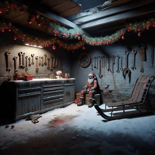 Eerie Christmas-inspired garage similar to a resident evil room
Single Game Texture. In-Game asset. 2d. Blank background. High contrast. No shadows.
