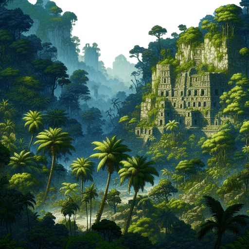 2d tropical sout america deep jungle. not far away, a ruins of ancient aztec temple..
Single Game Texture.  In-Game asset.  2d.  Blank background.  High contrast.  No shadows