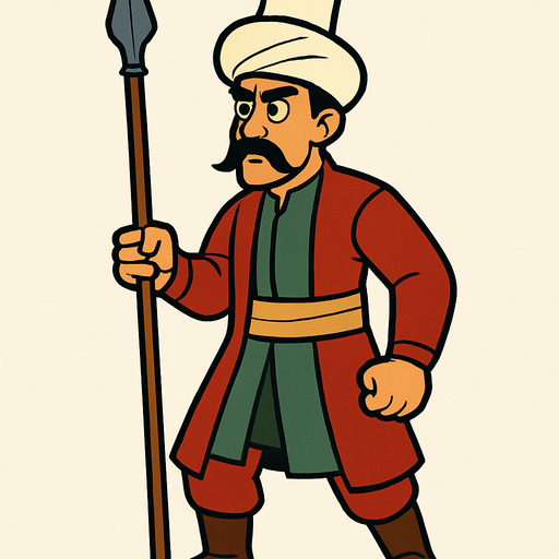 Animasyon çizgi dizi tarzında bir Osmanlı mızrakçısı.
In-Game asset.  2d.  High contrast.  No shadows
