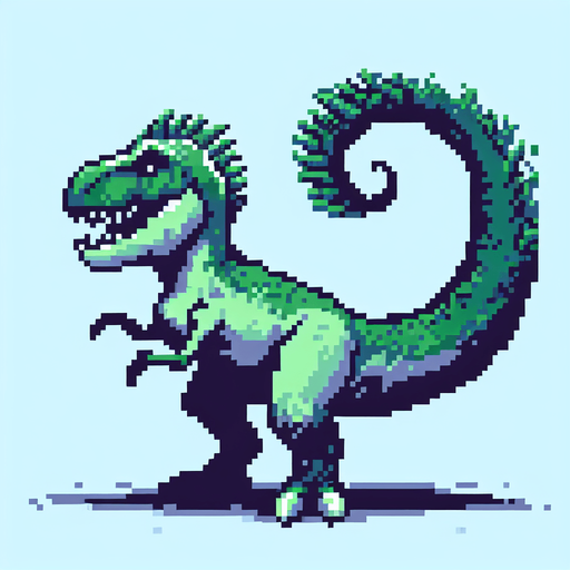 Create a left-facing version, 2d, trex ,pixel art.
Single Game Texture. In-Game asset. 2d. Blank background. High contrast. No shadows.