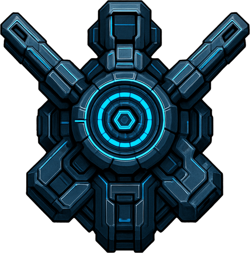 top-down view, futuristic digital defense turret, heavy energy core, metallic cyberpunk style, blue glowing lines, anti-virus cannon.
In-Game asset.  2d.  High contrast.  No shadows