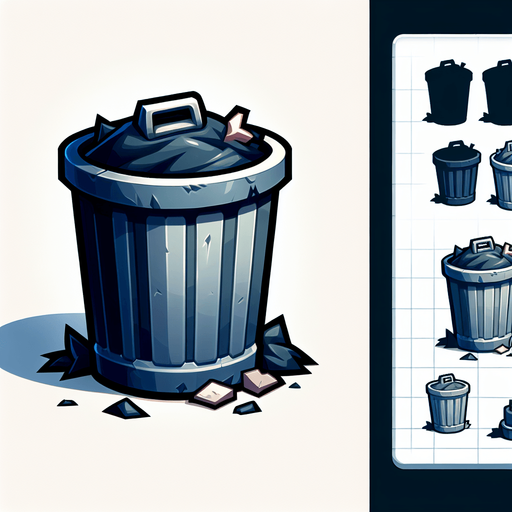 Cartoon overflowing trash can, game asset, floating
Single Game Texture. In-Game asset. 2d. Blank background. High contrast. No shadows.