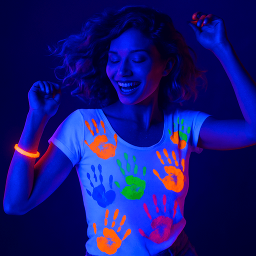 Dancing woman in a white top filled with multi-colored UV ink palm prints. UV luminous bracelet on the arm