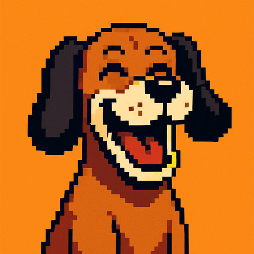 pixart brown hunting dog with black ears and white mouth laughing.
In-Game asset.  2d.  High contrast.  No shadows