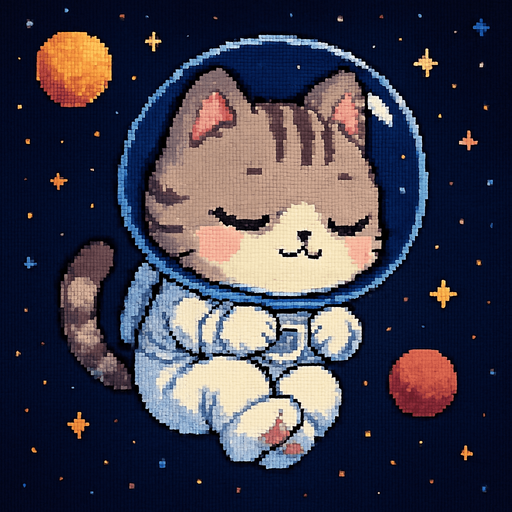 A cute kitten, illustrated in an adorable chibi anime style and wearing an astronaut suit, floats peacefully through outer space, sleeping in the most precious, curled-up position imaginable. Its tiny paws are tucked in close, and its expression is serene. The entire scene is rendered in a charming Pixel Art style.