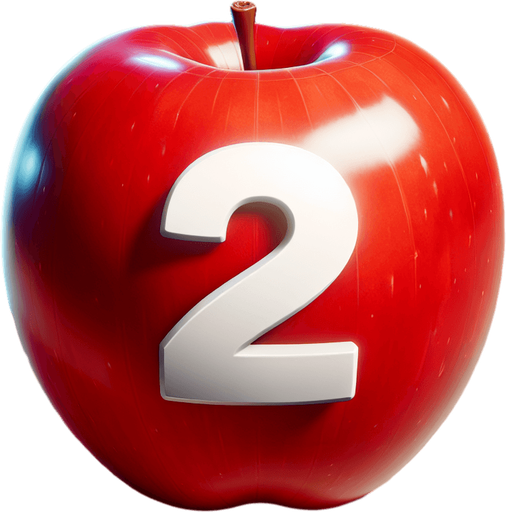 a white " 2" on a  red apple..
Single Game Texture. In-Game asset. 2d. Blank background. High contrast. No shadows.