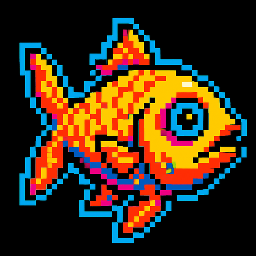 A golden fish. 80s arcade machine graphics..
In-Game asset.  2d.  High contrast.  No shadows