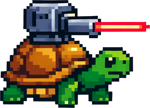 a turtle with a laser on her shell, pixel art.
In-Game asset.  2d.  High contrast.  No shadows