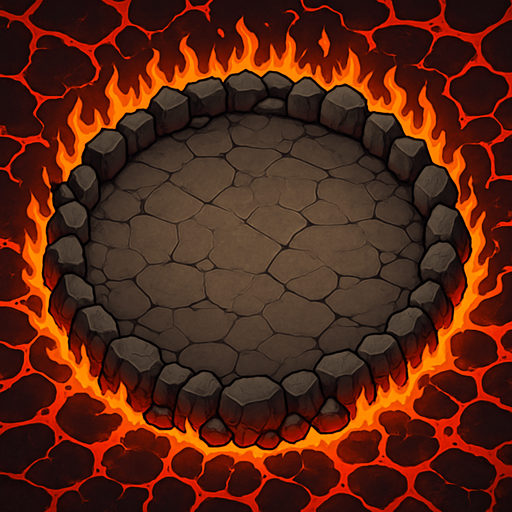 bird's eye view of a round rocky arena surrounded by flames decorated with red lava.
In-Game asset.  2d.  High contrast.  No shadows