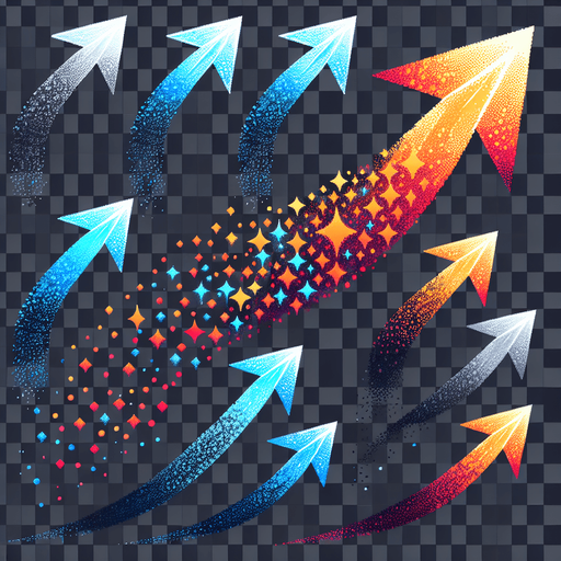 Sprite sheet of particle textures arrows. Bright colors, gradient from blue to orange in direction of arrow. Transparent gray background.