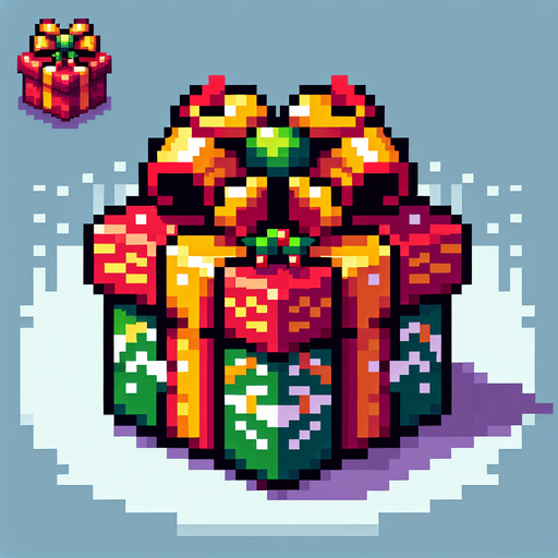 pixeled Christmas present Single Game Texture. In-Game asset. 2d. Blank background. High contrast. No shadows.