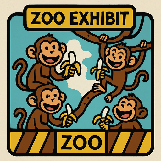 A zoo exhibit of silly monkeys eating bananas on the bag.
In-Game asset.  2d.  High contrast.  No shadows