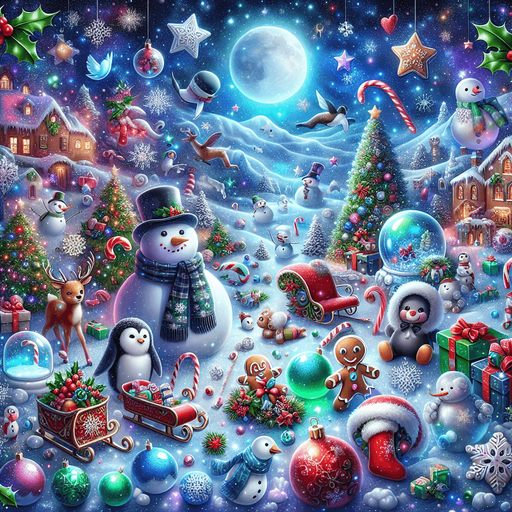 A Magical feeric starry christmas landscape at night with a snow man , candy canes ,holly leafs and snow flakes, cute penguin, Santa's reindeers, green, red and blue presents and a lot of toys, a sled, gingerbread boy and girl, snow globes, cute polar bears cub and a gingerbread house. Realistic. Plastic style. Background image