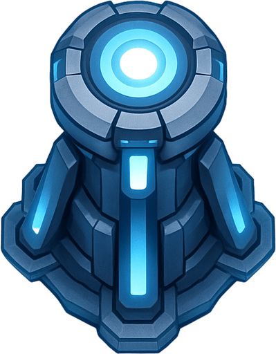 top-down view, futuristic support beacon tower, energy rings, radiant aura effect, soft blue and white glow, advanced tech support node.
In-Game asset.  2d.  High contrast.  No shadows