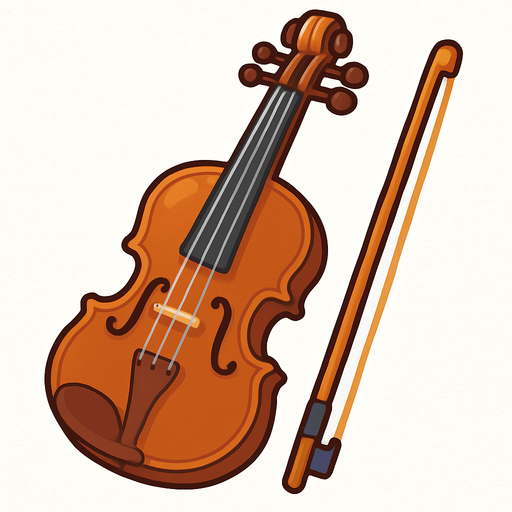 A colorful, cartoon-style 2D illustration of a classical violin with a bow beside it. The body should be rich brown with visible strings, pegs, and f-holes. Designed with soft shadows and rounded edges for use in a kids’ music game. Export as a transparent rounded background PNG..
In-Game asset.  2d.  High contrast.  No shadows