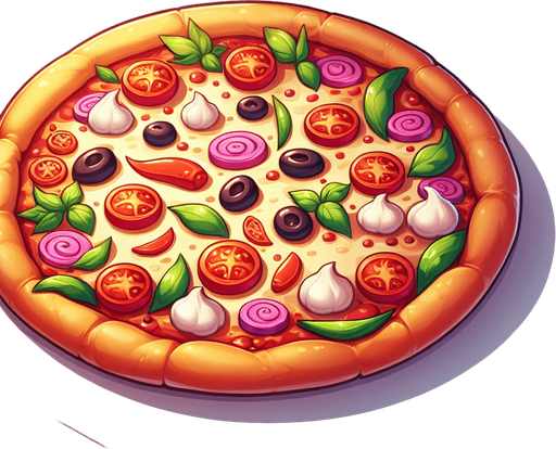 Cartoon Pizza, 2d, blank background.
Single Game Texture.  In-Game asset.  2d.  Blank background.  High contrast.  No shadows