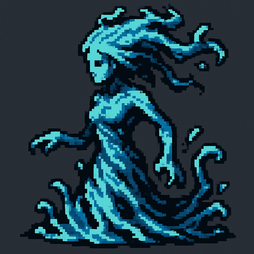 Water spirit dark souls style 2d pixel art.
In-Game asset.  2d.  High contrast.  No shadows