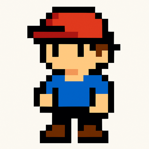 a pixel boy with a hat and a t-shirt.
In-Game asset.  2d.  High contrast.  No shadows