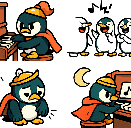 4-panel comic strip, no text, cute cartoon style, bright colors, black outlines.
Characters: Penguin Hero (small, determined) + Village Penguins
Central Theme: Music connects hearts, piano mastery wins love. Story: Hero faces challenges and obstacles in his musical journey

Panel 1: Hero struggles with difficult piano piece, frustrated
Panel 2: Other penguins mock his practicing, musical notes look harsh/jagged
Panel 3: Hero's flippers are sore, he looks exhausted
Panel 4: But Hero persists, practicing by moonlight, determined expression
In-Game asset.  2d.  High contrast.  No shadows